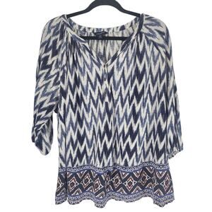 Lucky Brand Top 3X Womens Plus Size 3/4 Sleeve Blue White V Neck Popover Boho